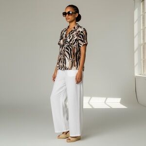 Tradition Animal Print Linen Blend Safari Button Front Shirt Top Size 10 Utility